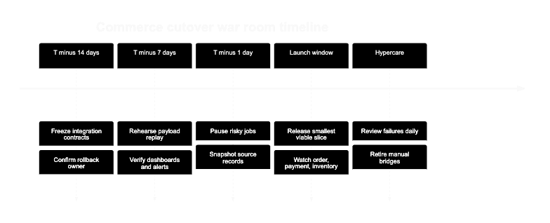 Commerce cutover war room timeline