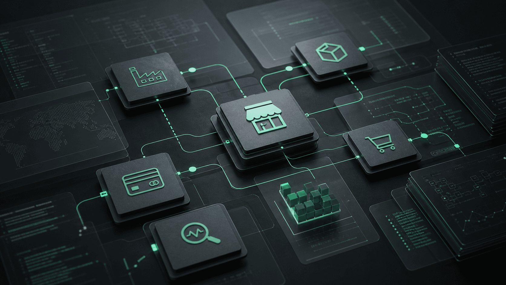 Abstract enterprise commerce architecture map with connected ERP, PIM, OMS, payment, and observability nodes