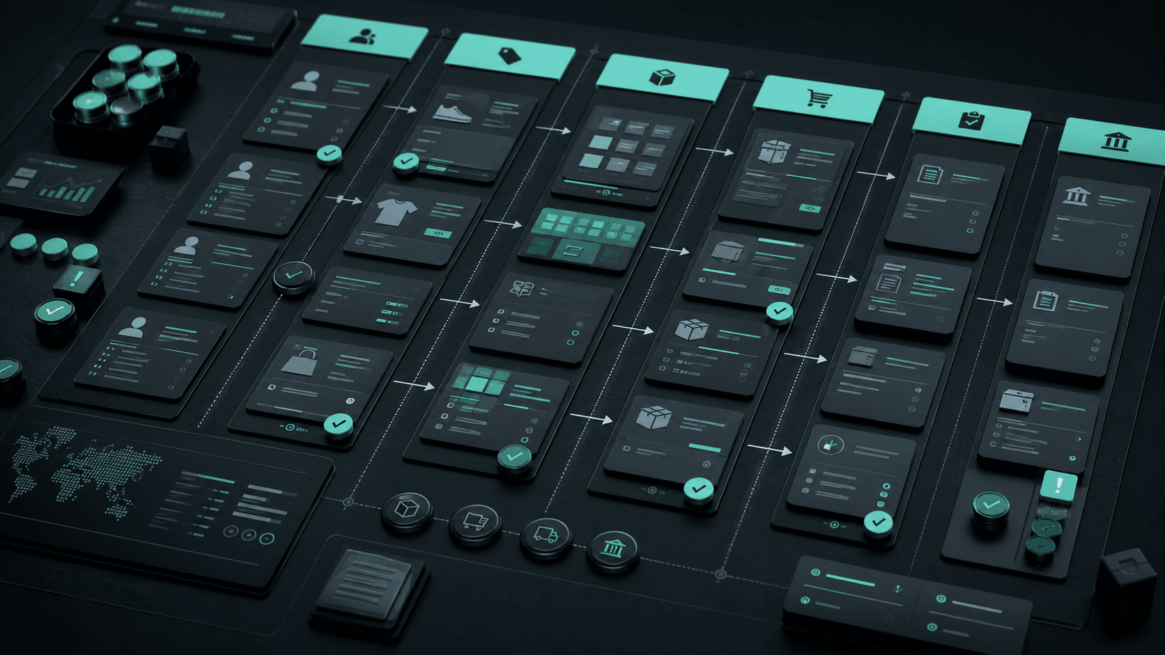 Mirakl marketplace operations board across seller onboarding, offer publication, orders, refunds, and settlement