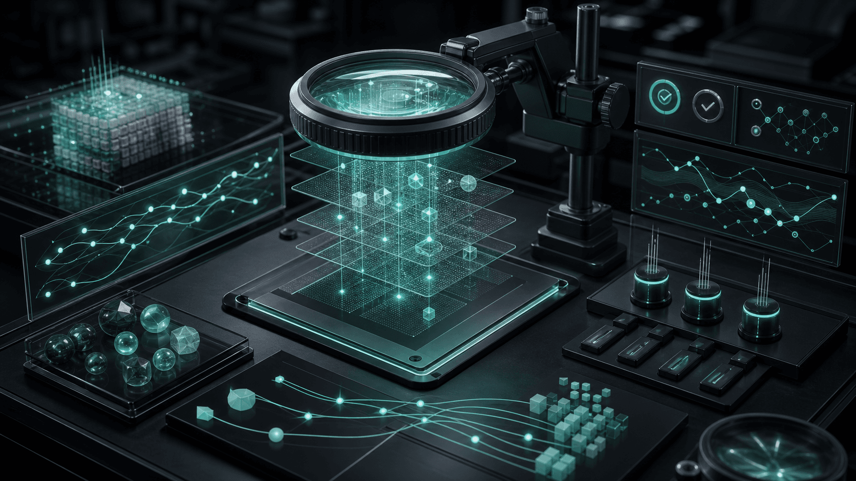 Commerce catalog and search diagnostics bench with index layers, query paths, and product discovery signals