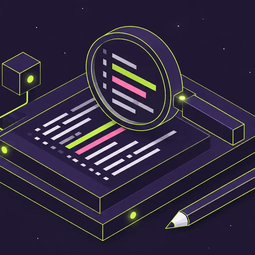 An isometric magnifying loupe over a slab of code lines, one lime and one pink, with a pencil beside.