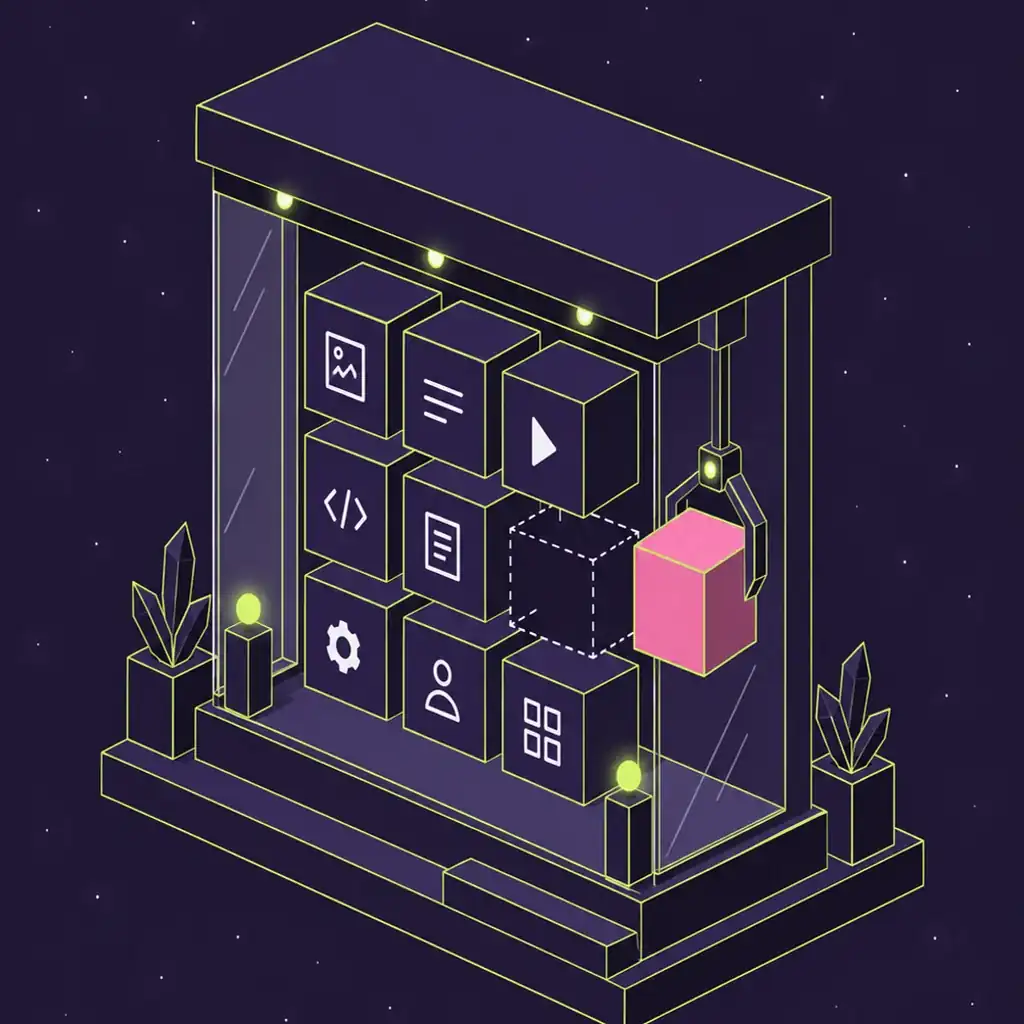 An isometric shop window built from stacked cubes with lime edges, one pink cube slotted into the gap.