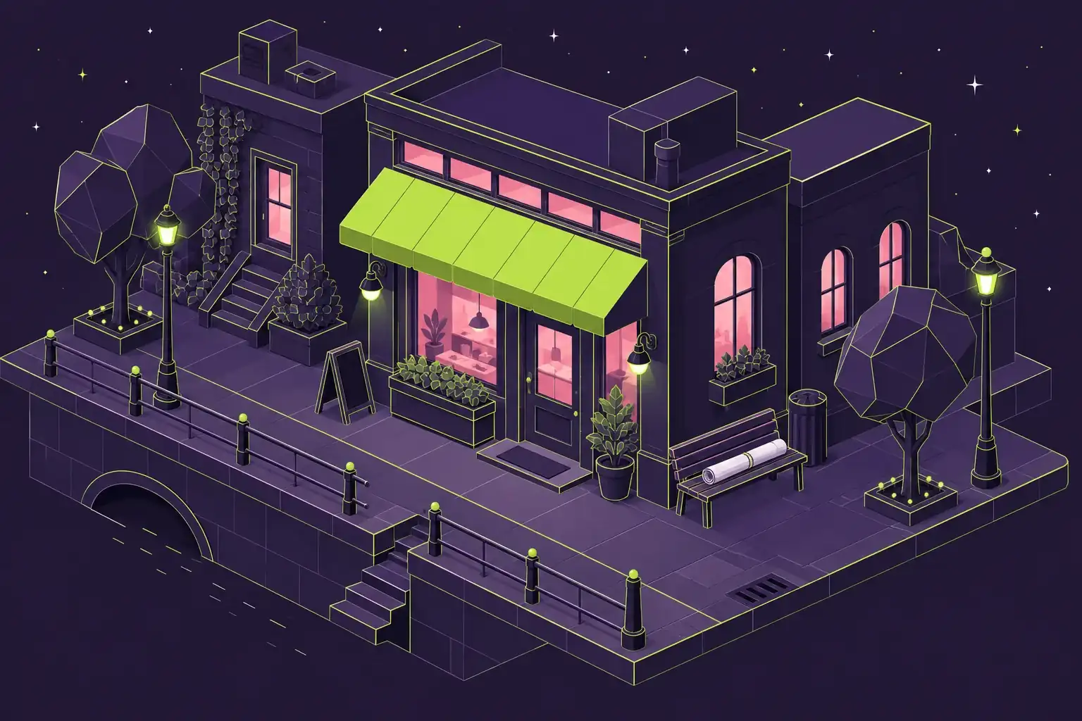 An isometric street at night with one renovated shop front, a lime awning, and a pink glow in the windows.