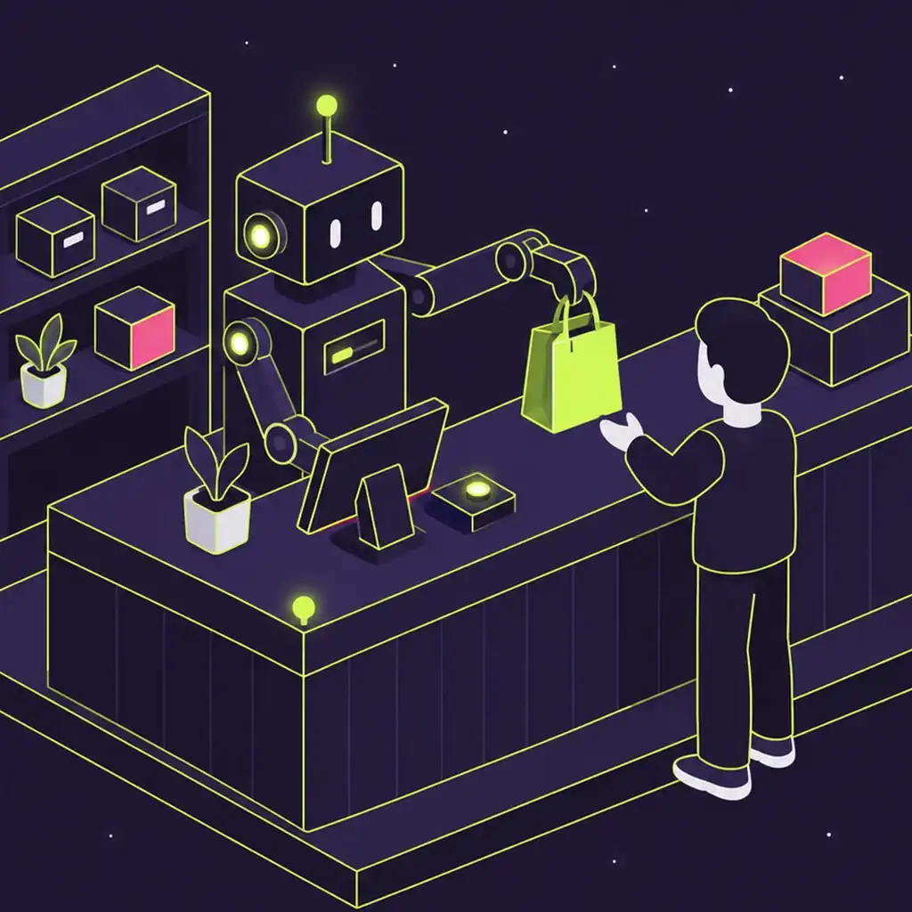 An isometric robot arm behind a shop counter handing over a lime shopping bag.