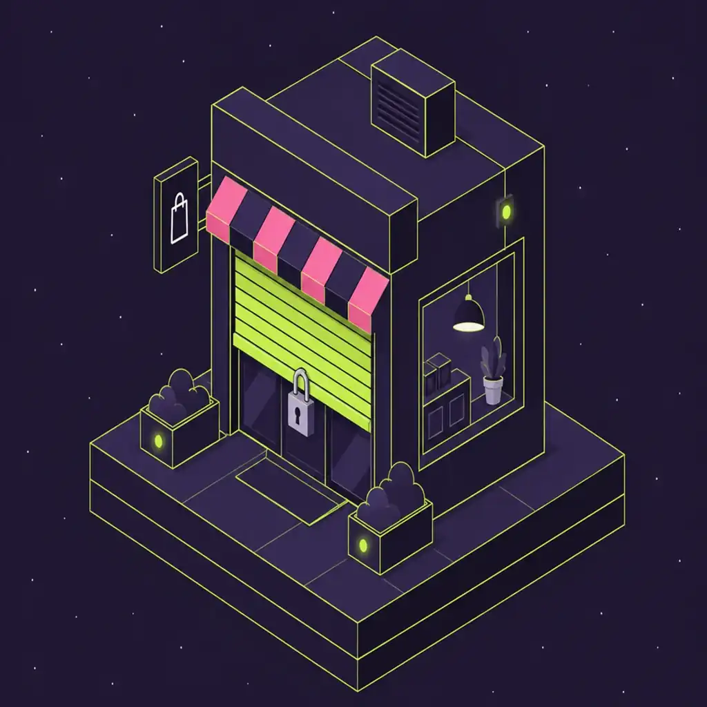 An isometric shop front with a lime roller shutter half lowered and a padlock on the rail.