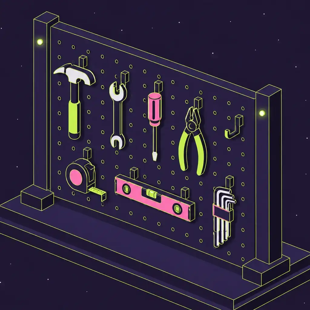 An isometric pegboard tool wall with lime and pink tools in outlined places, one hook empty.