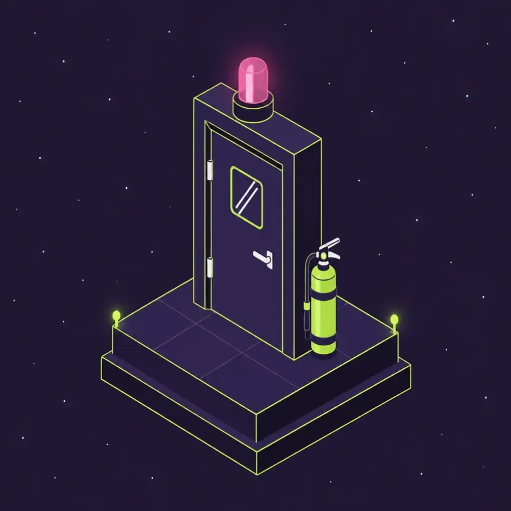An isometric shop door with a pink alarm beacon above it and a lime fire extinguisher beside the frame.