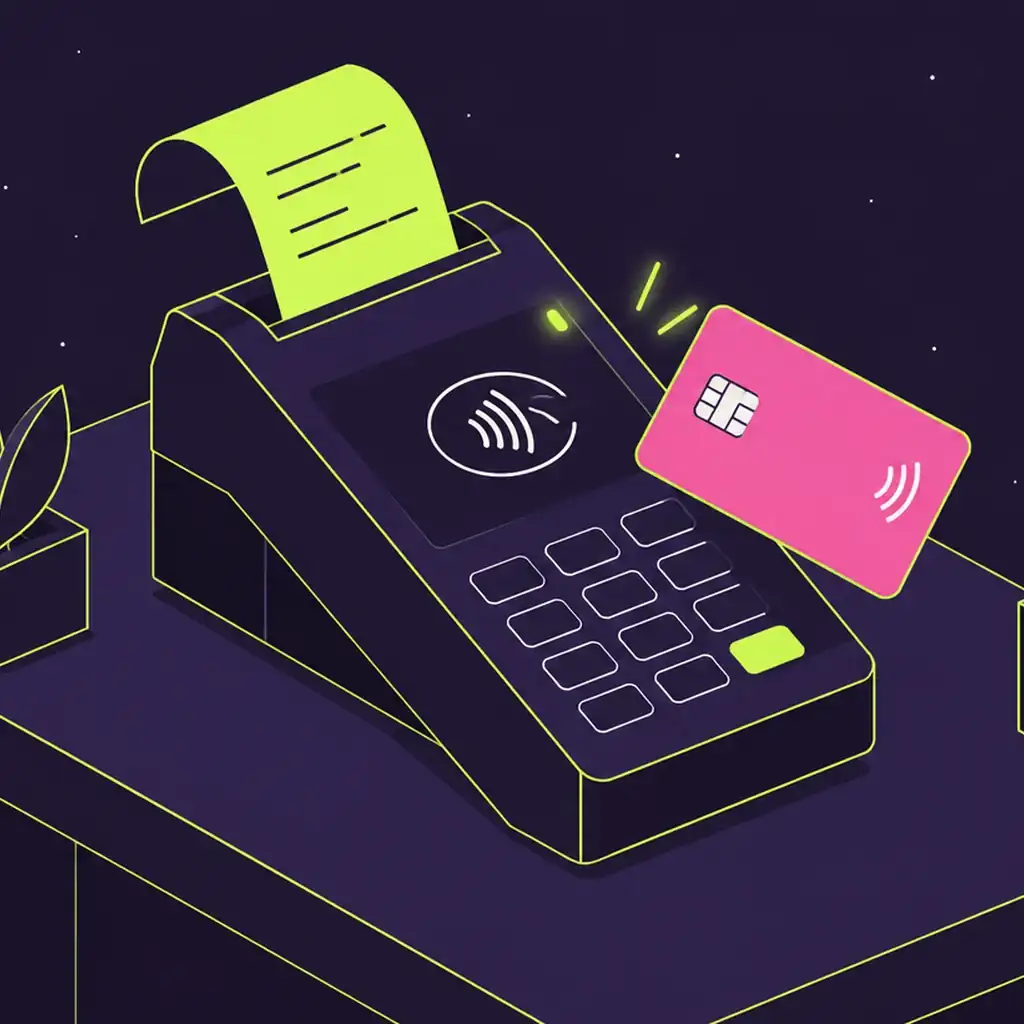 An isometric card terminal on a counter with a pink card tapped and a lime receipt curling out.